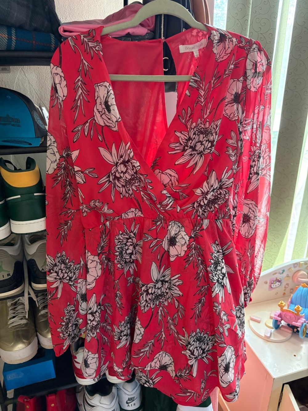 Bright Pink Floral V-Neck Blouse with Gathered Waist